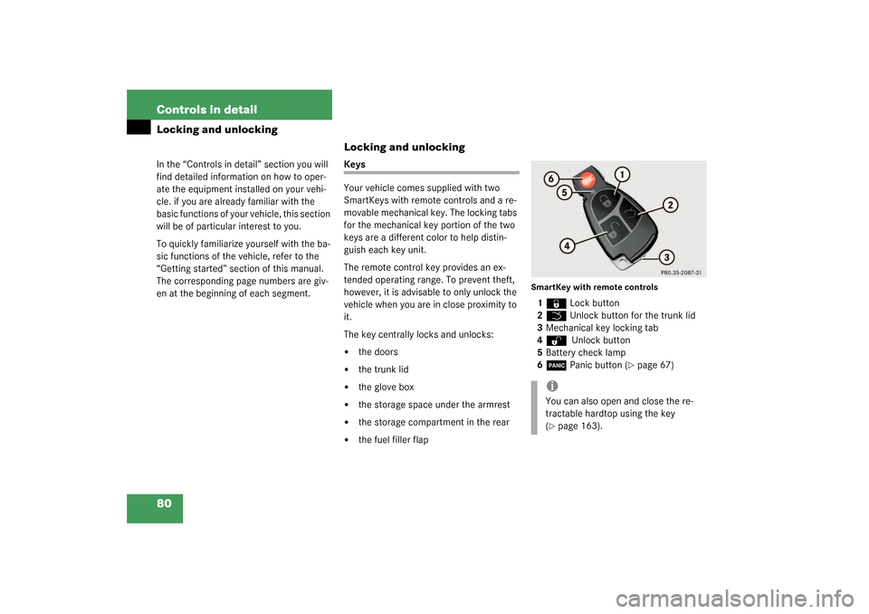 MERCEDES-BENZ SL55AMG 2003 R230 Owners Manual 80 Controls in detailLocking and unlockingIn the “Controls in detail” section you will 
find detailed information on how to oper-
ate the equipment installed on your vehi-
cle. if you are already 