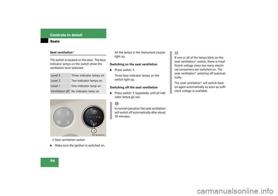 MERCEDES-BENZ SL500 2003 R230 User Guide 96 Controls in detailSeatsSeat ventilation*
The switch is located on the door. The blue 
indicator lamps on the switch show the 
ventilation level selected:
1Seat ventilation switch
Make sure the ign