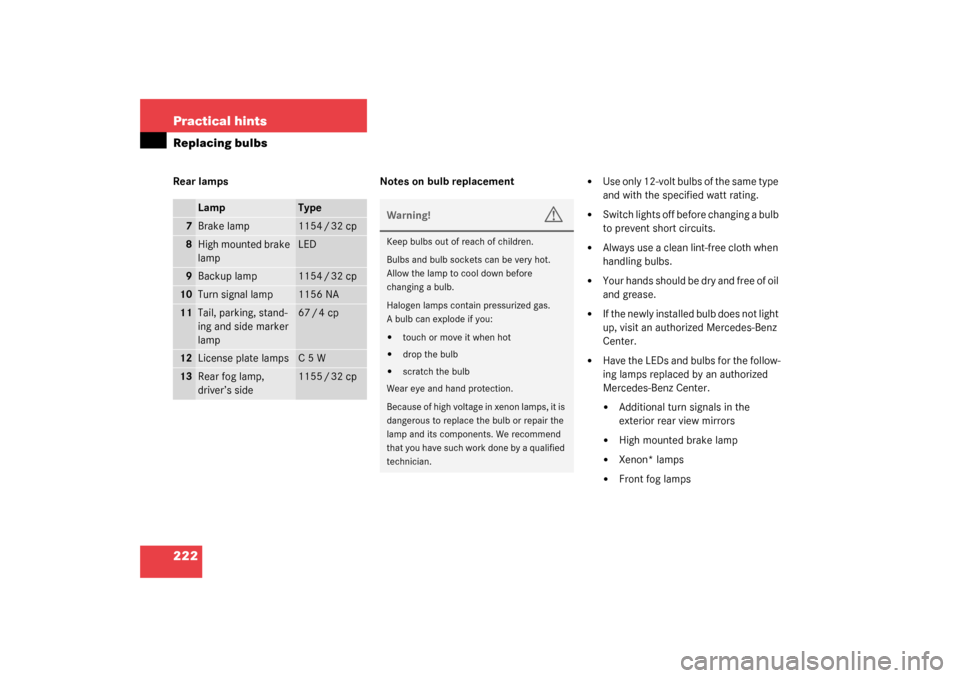 MERCEDES-BENZ SLK32AMG 2003 R170 Owners Manual 222 Practical hintsReplacing bulbsRear lamps Notes on bulb replacement

Use only 12-volt bulbs of the same type 
and with the specified watt rating. 

Switch lights off before changing a bulb 
to pr