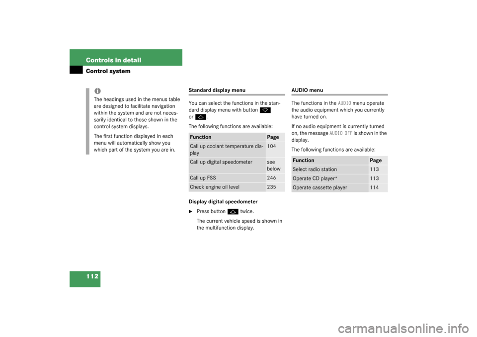 MERCEDES-BENZ C320 4MATIC WAGON 2003 S203 Owners Manual 112 Controls in detailControl system
Standard display menu
You can select the functions in the stan-
dard display menu with button
k
 
or
j
.
The following functions are available:
Display digital spe