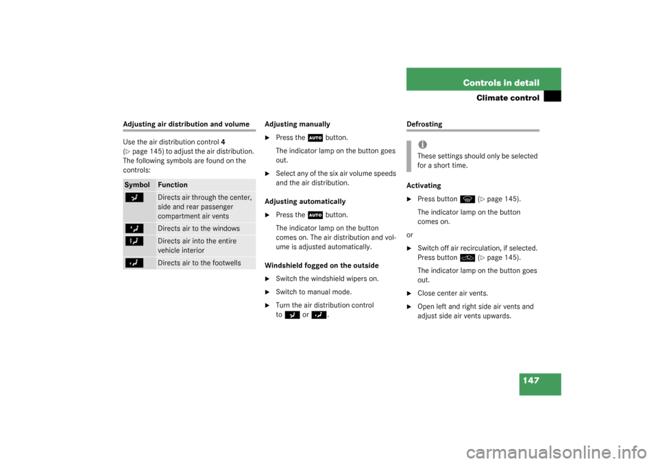 MERCEDES-BENZ C240 4MATIC WAGON 2003 S203 Owners Manual 147 Controls in detail
Climate control
Adjusting air distribution and volume
Use the air distribution control4 
(page 145) to adjust the air distribution. 
The following symbols are found on the 
con