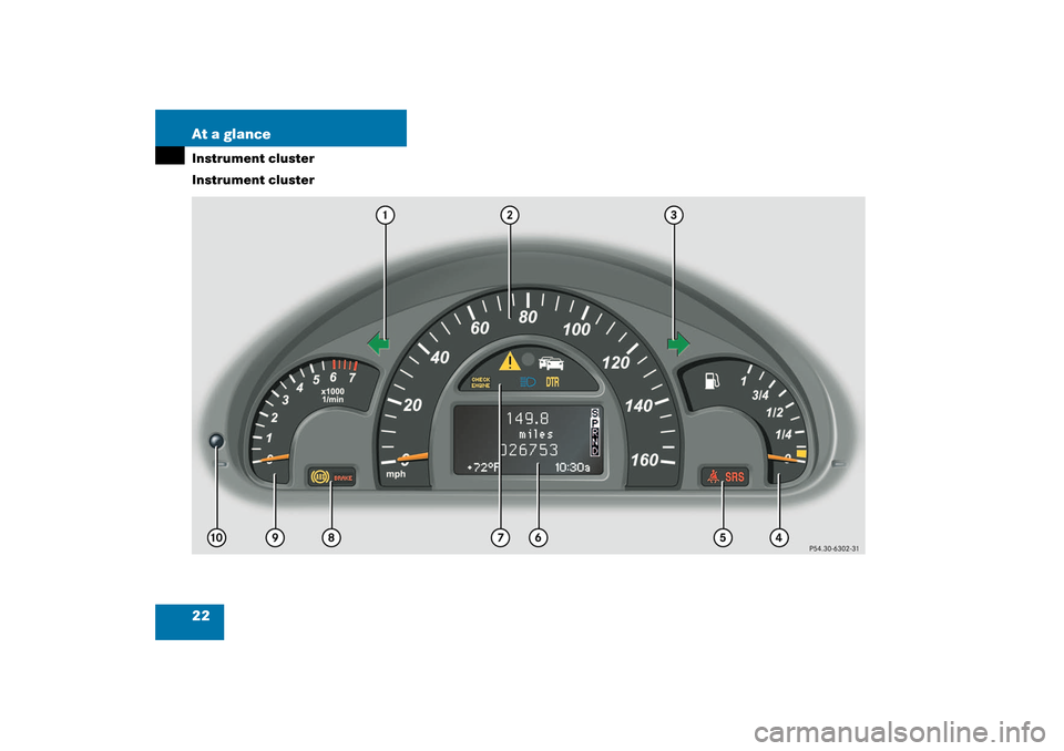 MERCEDES-BENZ C320 4MATIC WAGON 2003 S203 User Guide 22 At a glanceInstrument cluster
Instrument clusterS203 MY03_A.book  Page 22  Tuesday, January 28, 2003  2:22 PM 