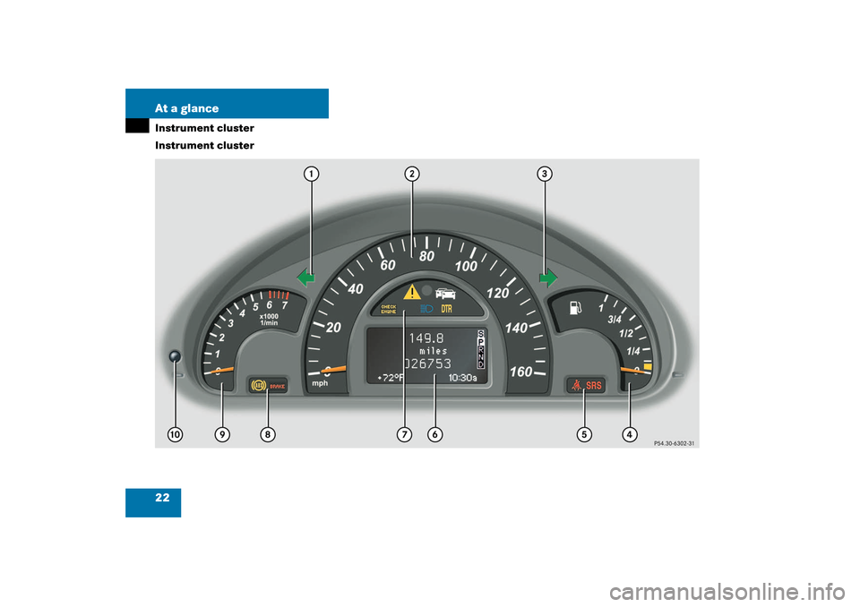 MERCEDES-BENZ C240 4MATIC WAGON 2003 S203 User Guide 22 At a glanceInstrument cluster
Instrument clusterS203 MY03_A.book  Page 22  Tuesday, January 28, 2003  2:22 PM 