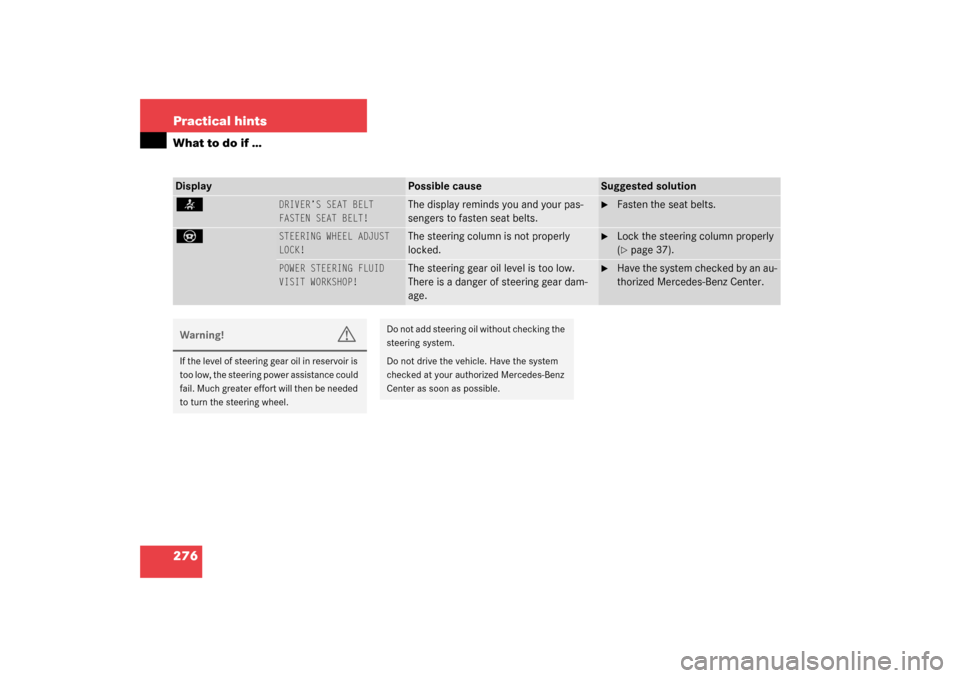 MERCEDES-BENZ C240 WAGON 2003 S203 Owners Manual 276 Practical hintsWhat to do if …Display
Possible cause
Suggested solution
<
DRIVER’S SEAT BELT
FASTEN SEAT BELT!
The display reminds you and your pas-
sengers to fasten seat belts.

Fasten the 