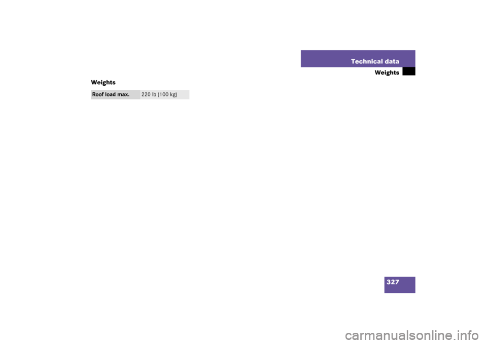 MERCEDES-BENZ C320 4MATIC WAGON 2003 S203 Owners Manual 327 Technical data
Weights
Weights
Roof load max.
220 lb (100 kg)
S203 MY03_A.book  Page 327  Tuesday, January 28, 2003  2:22 PM 