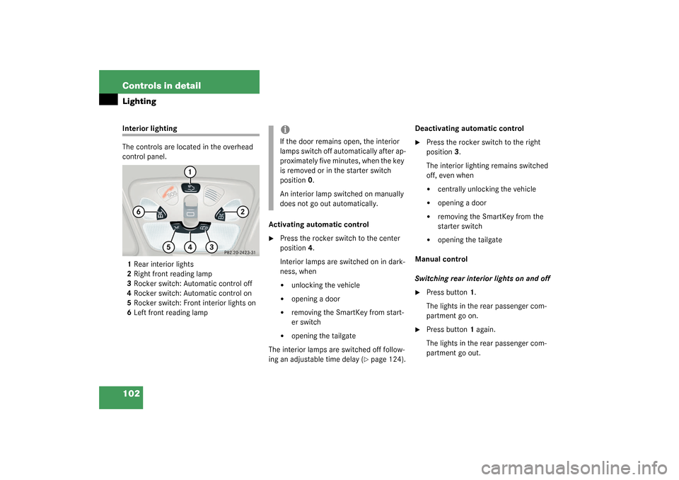 MERCEDES-BENZ C320 4MATIC WAGON 2003 S203 Owners Manual 102 Controls in detailLightingInterior lighting
The controls are located in the overhead 
control panel.
1Rear interior lights
2Right front reading lamp
3Rocker switch: Automatic control off
4Rocker s