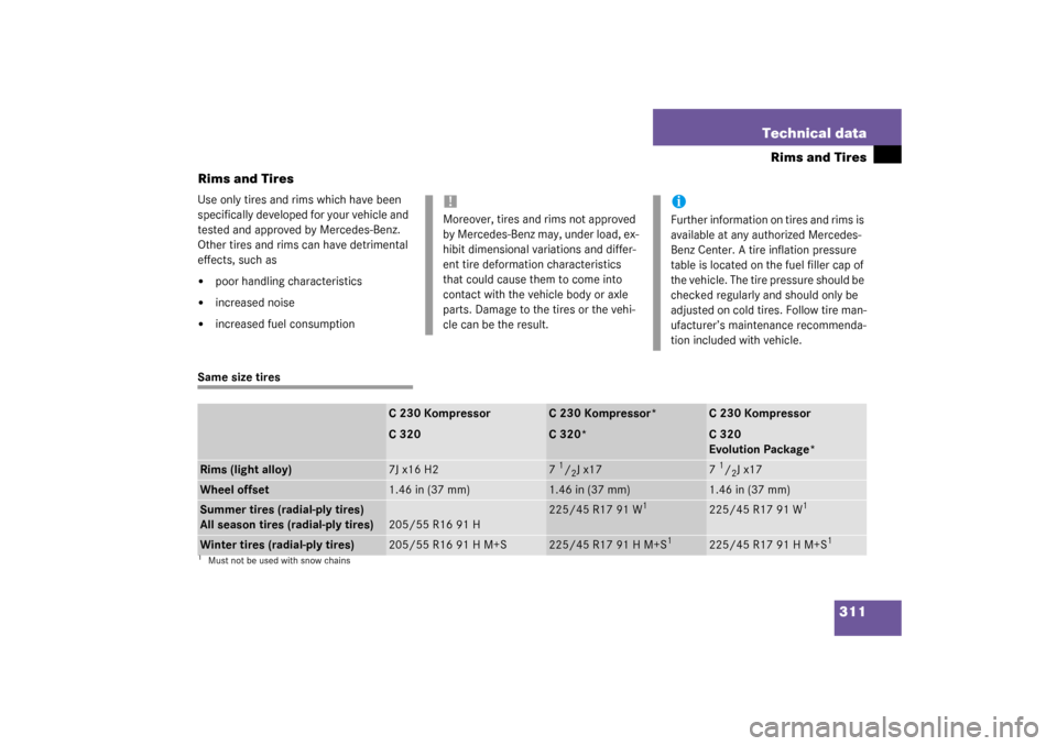 MERCEDES-BENZ C230 COUPE 2003 CL203 Owners Manual 311 Technical data
Rims and Tires
Rims and Tires
Use only tires and rims which have been 
specifically developed for your vehicle and 
tested and approved by Mercedes-Benz. 
Other tires and rims can h