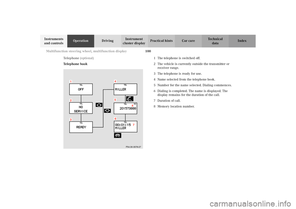 MERCEDES-BENZ E320 4MATIC WAGON 2003 S210 Owners Guide 100 Multifunction steering wheel, multifunction display
Te ch n i c a l
data Instruments 
and controlsOperationDrivingInstrument 
cluster displayPractical hints Car care Index
Te l e p h o n e  (optio
