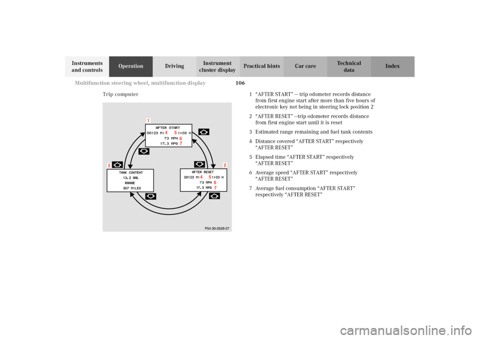 MERCEDES-BENZ E320 4MATIC WAGON 2003 S210 Owners Manual 106 Multifunction steering wheel, multifunction display
Te ch n i c a l
data Instruments 
and controlsOperationDrivingInstrument 
cluster displayPractical hints Car care Index
Trip computer 1“AFTER 