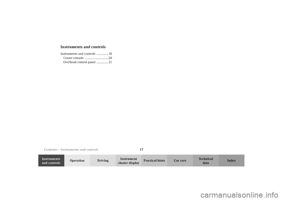 MERCEDES-BENZ E320 4MATIC WAGON 2003 S210 User Guide 17 Contents – Instruments and controls
Te ch n i c a l
data Instruments 
and controlsOperation DrivingInstrument 
cluster displayPractical hints Car care Index
Instruments and controlsInstruments an