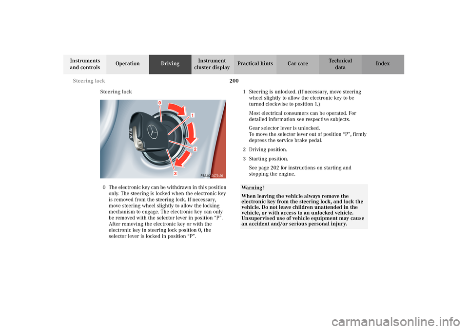 MERCEDES-BENZ E320 WAGON 2003 S210 Owners Manual 200 Steering lock
Te ch n i c a l
data Instruments 
and controlsOperationDrivingInstrument 
cluster displayPractical hints Car care Index
Steering lock
0The electronic key can be withdrawn in this pos