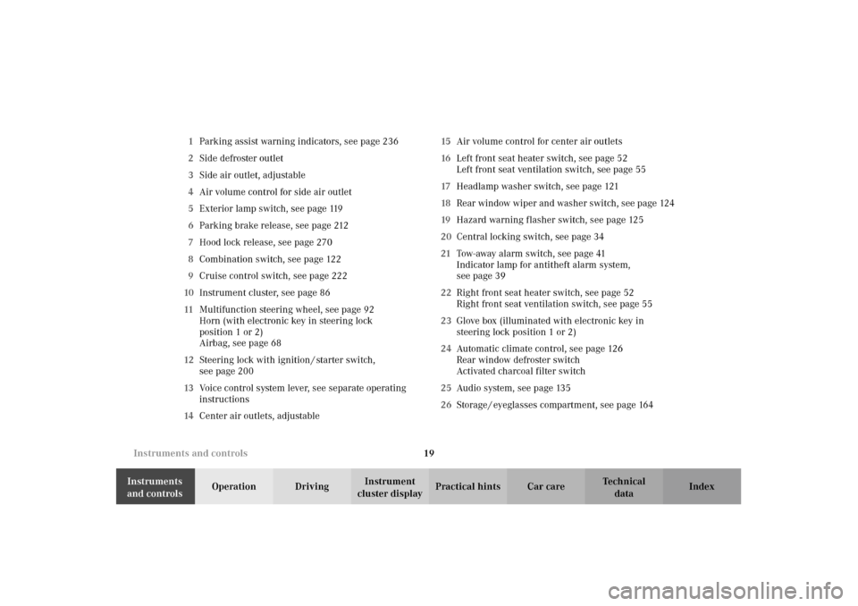 MERCEDES-BENZ E320 WAGON 2003 S210 Owners Guide 19 Instruments and controls
Te ch n i c a l
data Instruments 
and controlsOperation DrivingInstrument 
cluster displayPractical hints Car care Index 1Parking assist warning indicators, see page 236
2S