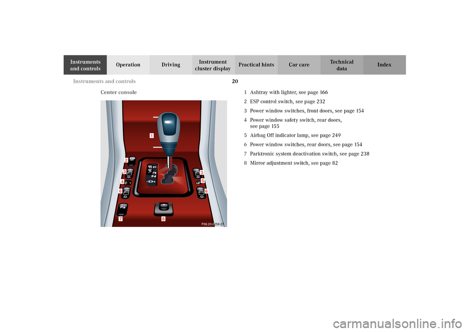 MERCEDES-BENZ E320 4MATIC WAGON 2003 S210 Owners Manual 20 Instruments and controls
Te ch n i c a l
data Instruments 
and controlsOperation DrivingInstrument 
cluster displayPractical hints Car care Index
Center console 1Ashtray with lighter, see page 166
