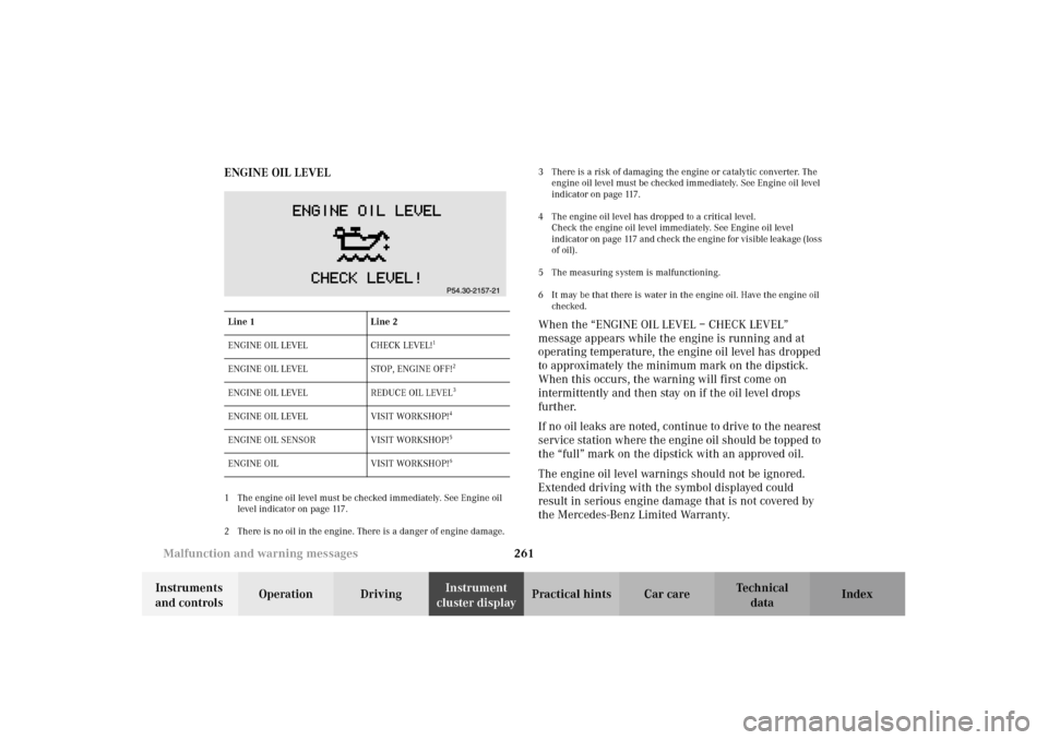 MERCEDES-BENZ E320 WAGON 2003 S210 Owners Manual 261 Malfunction and warning messages
Te ch n i c a l
data Instruments 
and controlsOperation DrivingInstrument 
cluster displayPractical hints Car care Index ENGINE OIL LEVEL
1 The engine oil level mu