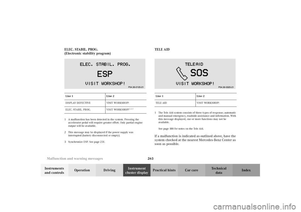 MERCEDES-BENZ E320 WAGON 2003 S210 Owners Guide 263 Malfunction and warning messages
Te ch n i c a l
data Instruments 
and controlsOperation DrivingInstrument 
cluster displayPractical hints Car care Index ELEC. STABIL. PROG.
(Electronic stability 