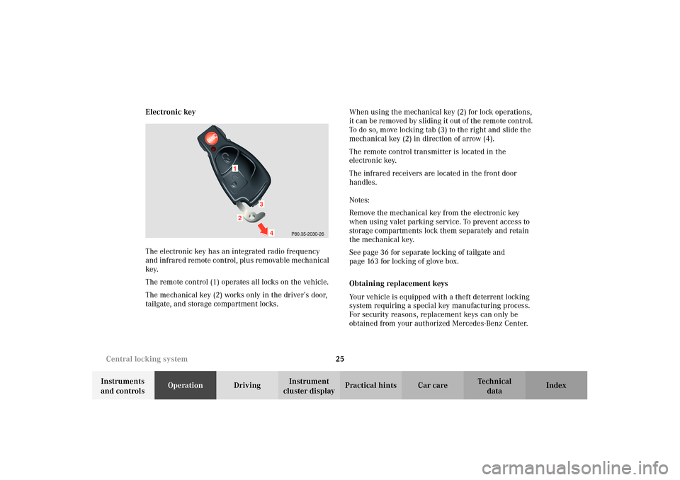 MERCEDES-BENZ E320 WAGON 2003 S210 Owners Manual 25 Central locking system
Te ch n i c a l
data Instruments 
and controlsOperationDrivingInstrument 
cluster displayPractical hints Car care Index Electronic key
The electronic key has an integrated ra