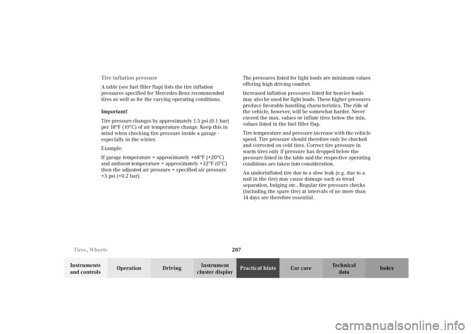 MERCEDES-BENZ E320 4MATIC WAGON 2003 S210 Owners Manual 287 Tires, Wheels
Te ch n i c a l
data Instruments 
and controlsOperation DrivingInstrument 
cluster displayPractical hintsCar care Index Tire inflation pressure
A table (see fuel filler flap) lists t