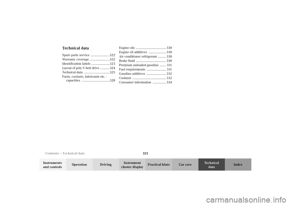MERCEDES-BENZ E320 WAGON 2003 S210 Owners Manual 321 Contents – Technical data
Te ch n i c a l
data Instruments 
and controlsOperation DrivingInstrument 
cluster displayPractical hints Car care Index
Technical dataSpare parts service  ............