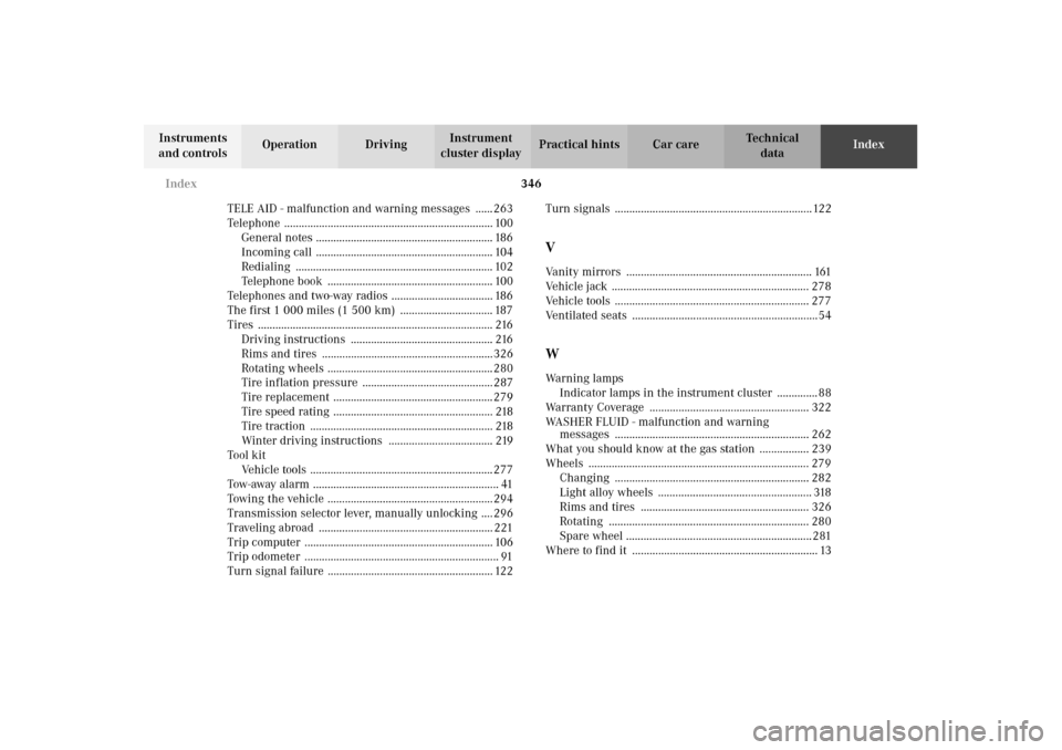MERCEDES-BENZ E320 WAGON 2003 S210 Owners Manual 346 Index
Te ch n i c a l
data Instruments 
and controlsOperation DrivingInstrument 
cluster displayPractical hints Car careIndex
TELE AID - malfunction and warning messages  ...... 263
Telephone ....