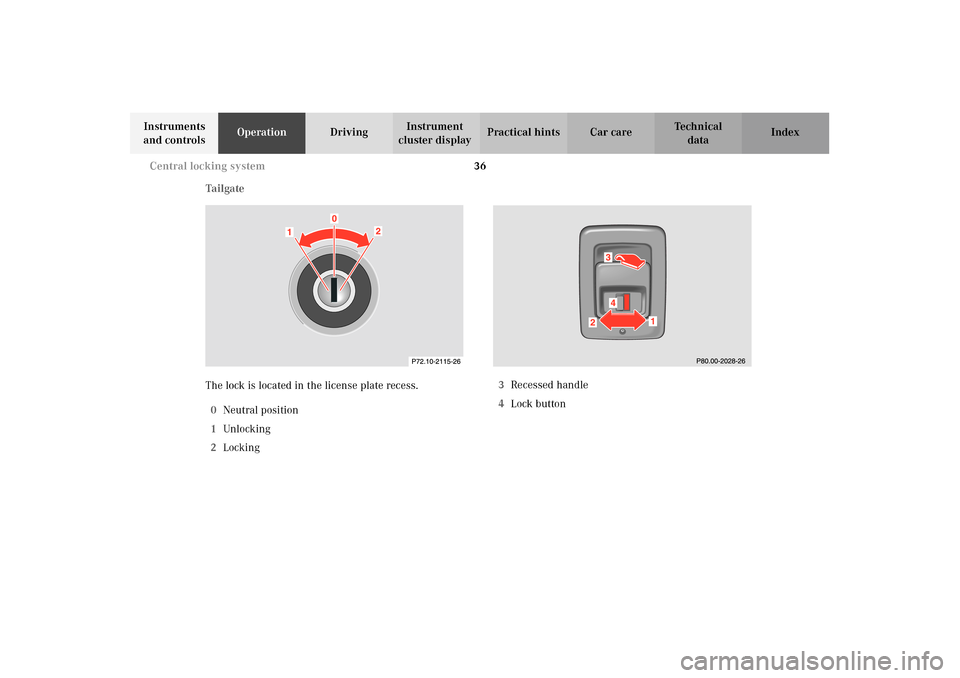 MERCEDES-BENZ E320 WAGON 2003 S210 Owners Guide 36 Central locking system
Te ch n i c a l
data Instruments 
and controlsOperationDrivingInstrument 
cluster displayPractical hints Car care Index
Ta il ga te
The lock is located in the license plate r