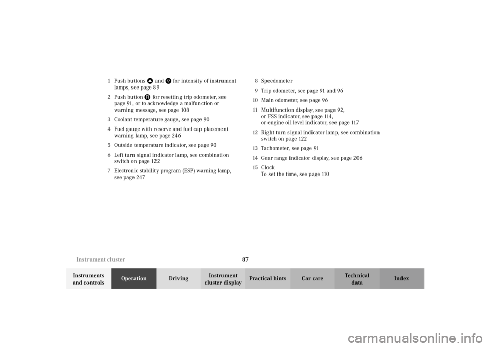 MERCEDES-BENZ E320 4MATIC WAGON 2003 S210 Owners Manual 87 Instrument cluster
Te ch n i c a l
data Instruments 
and controlsOperationDrivingInstrument 
cluster displayPractical hints Car care Index 1Push buttonsVandWfor intensity of instrument 
lamps, seep