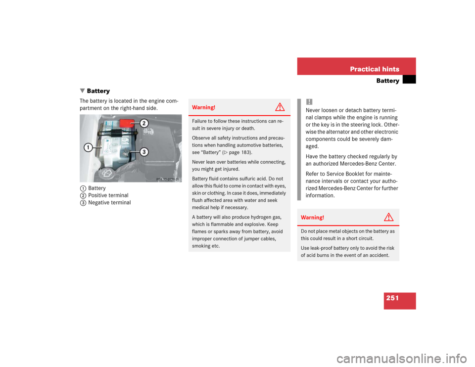 MERCEDES-BENZ SLK32AMG 2004 R171 Owners Manual 251 Practical hints
Battery
Battery
The battery is located in the engine com-
partment on the right-hand side.
1Battery
2Positive terminal
3Negative terminal
Warning!
G
Failure to follow these instru