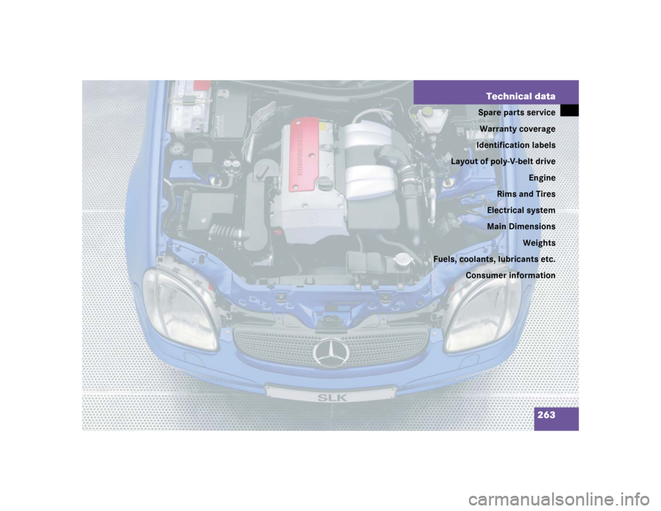 MERCEDES-BENZ SLK32AMG 2004 R171 Owners Manual 263 Technical data
Spare parts service
Warranty coverage
Identification labels
Layout of poly-V-belt drive
Engine
Rims and Tires
Electrical system
Main Dimensions
Weights
Fuels, coolants, lubricants e