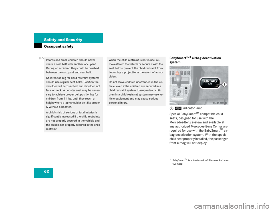 MERCEDES-BENZ SLK230 2004 R171 Owners Manual 62 Safety and SecurityOccupant safety
BabySmart
TM1
 airbag deactivation 
system
17 indicator lamp
Special BabySmart
TM compatible child 
seats, designed for use with the 
Mercedes-Benz system and ava