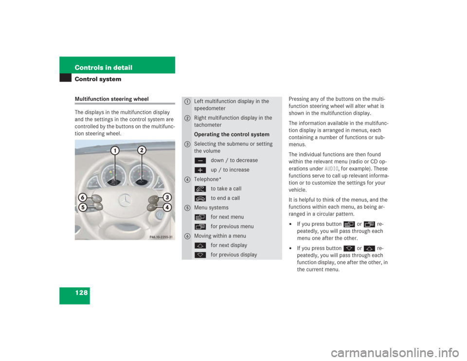 MERCEDES-BENZ SL600 2004 R230 Owners Manual 128 Controls in detailControl systemMultifunction steering wheel
The displays in the multifunction display 
and the settings in the control system are 
controlled by the buttons on the multifunc-
tion