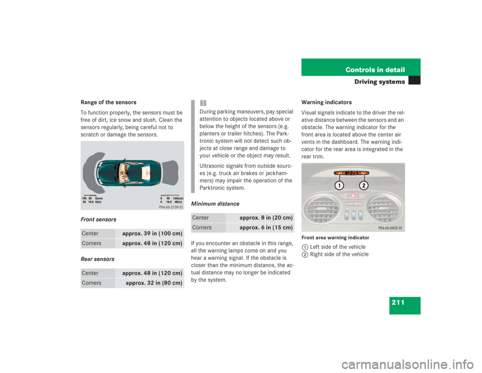 MERCEDES-BENZ SL500 2004 R230 Owners Manual 211 Controls in detail
Driving systems
Range of the sensors
To function properly, the sensors must be 
free of dirt, ice snow and slush. Clean the 
sensors regularly, being careful not to 
scratch or 