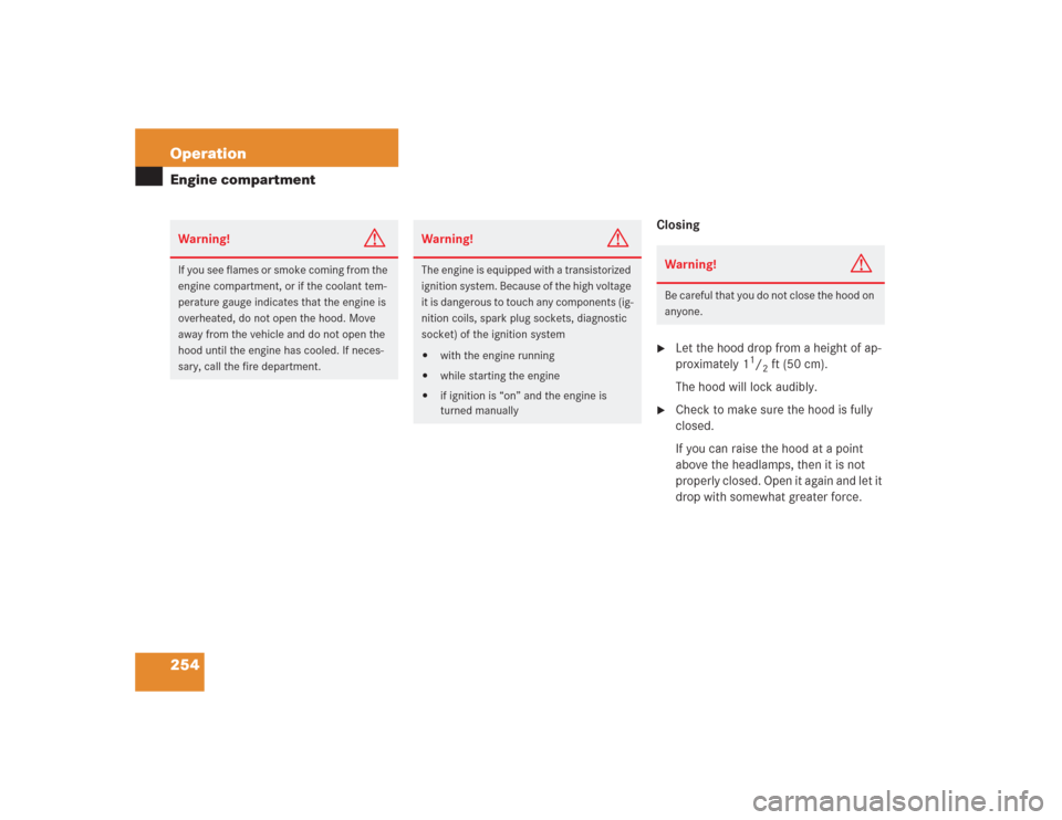 MERCEDES-BENZ SL600 2004 R230 Owners Manual 254 OperationEngine compartment
Closing
Let the hood drop from a height of ap-
proximately 1
1/2ft (50 cm). 
The hood will lock audibly.

Check to make sure the hood is fully 
closed. 
If you can ra