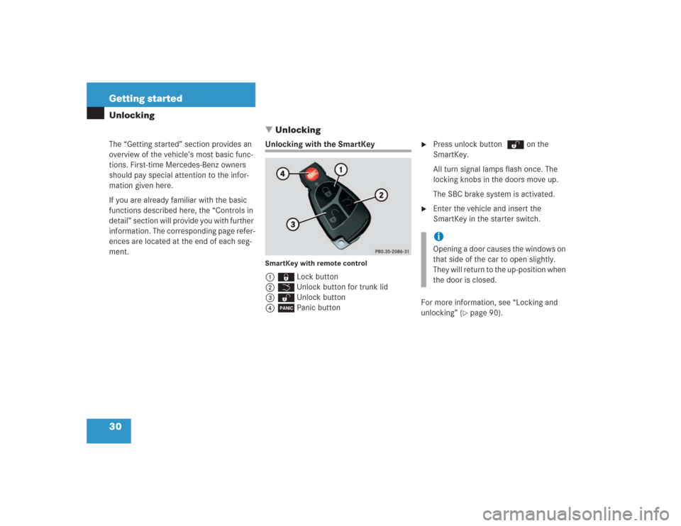 MERCEDES-BENZ SL500 2004 R230 Owners Manual 30 Getting startedUnlocking
The “Getting started” section provides an 
overview of the vehicle’s most basic func-
tions. First-time Mercedes-Benz owners 
should pay special attention to the inf