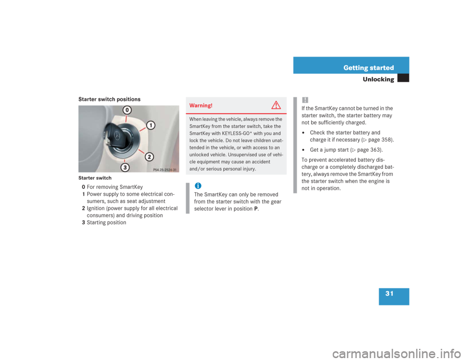 MERCEDES-BENZ SL500 2004 R230 Owners Manual 31 Getting started
Unlocking
Starter switch positionsStarter switch0For removing SmartKey
1Power supply to some electrical con-
sumers, such as seat adjustment
2Ignition (power supply for all electric