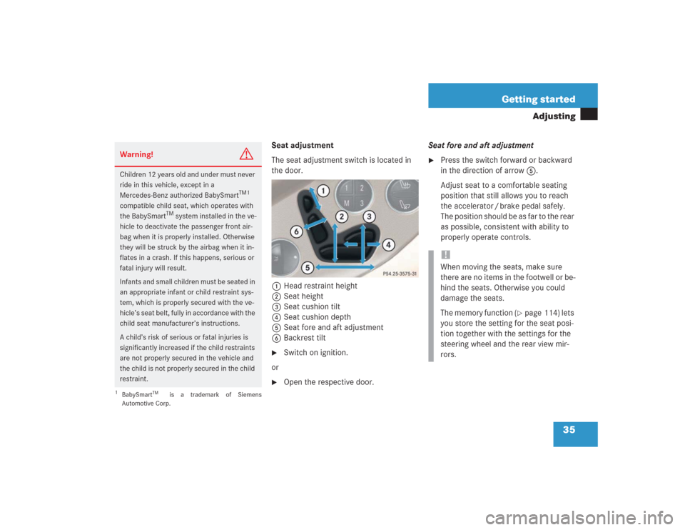 MERCEDES-BENZ SL500 2004 R230 Owners Manual 35 Getting started
Adjusting
Seat adjustment
The seat adjustment switch is located in 
the door.
1Head restraint height
2Seat height
3Seat cushion tilt
4Seat cushion depth
5Seat fore and aft adjustmen