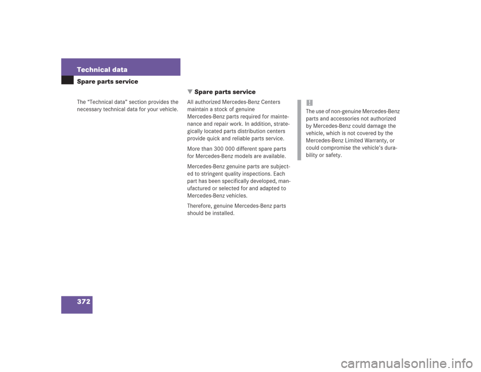 MERCEDES-BENZ SL55AMG 2004 R230 Owners Manual 372 Technical dataSpare parts service
The “Technical data” section provides the 
necessary technical data for your vehicle.
Spare parts service
All authorized Mercedes-Benz Centers 
maintain a st