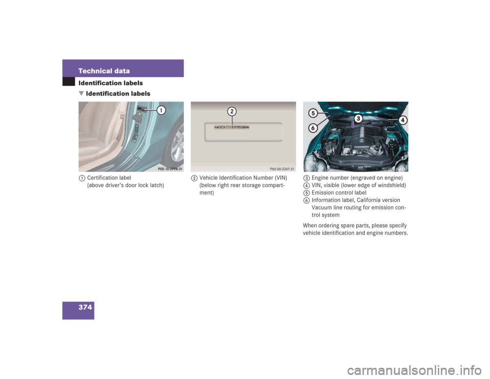 MERCEDES-BENZ SL500 2004 R230 Owners Manual 374 Technical dataIdentification labels
Identification labels1Certification label 
(above driver’s door lock latch)2Vehicle Identification Number (VIN) 
(below right rear storage compart-
ment)3Eng