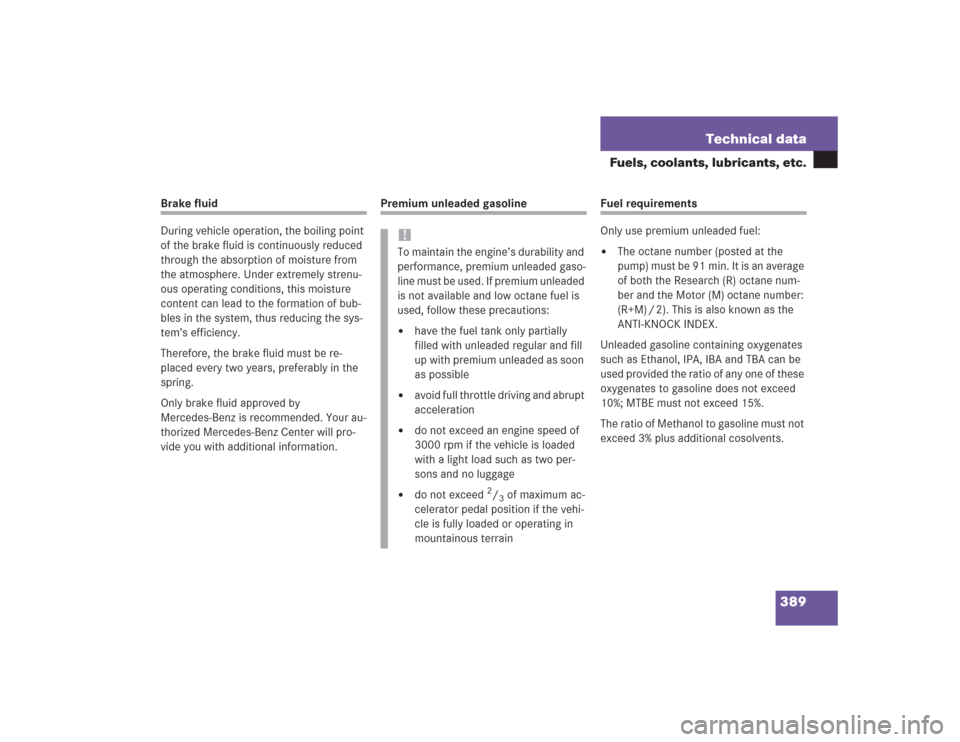 MERCEDES-BENZ SL55AMG 2004 R230 Owners Manual 389 Technical data
Fuels, coolants, lubricants, etc.
Brake fluid
During vehicle operation, the boiling point 
of the brake fluid is continuously reduced 
through the absorption of moisture from 
the a