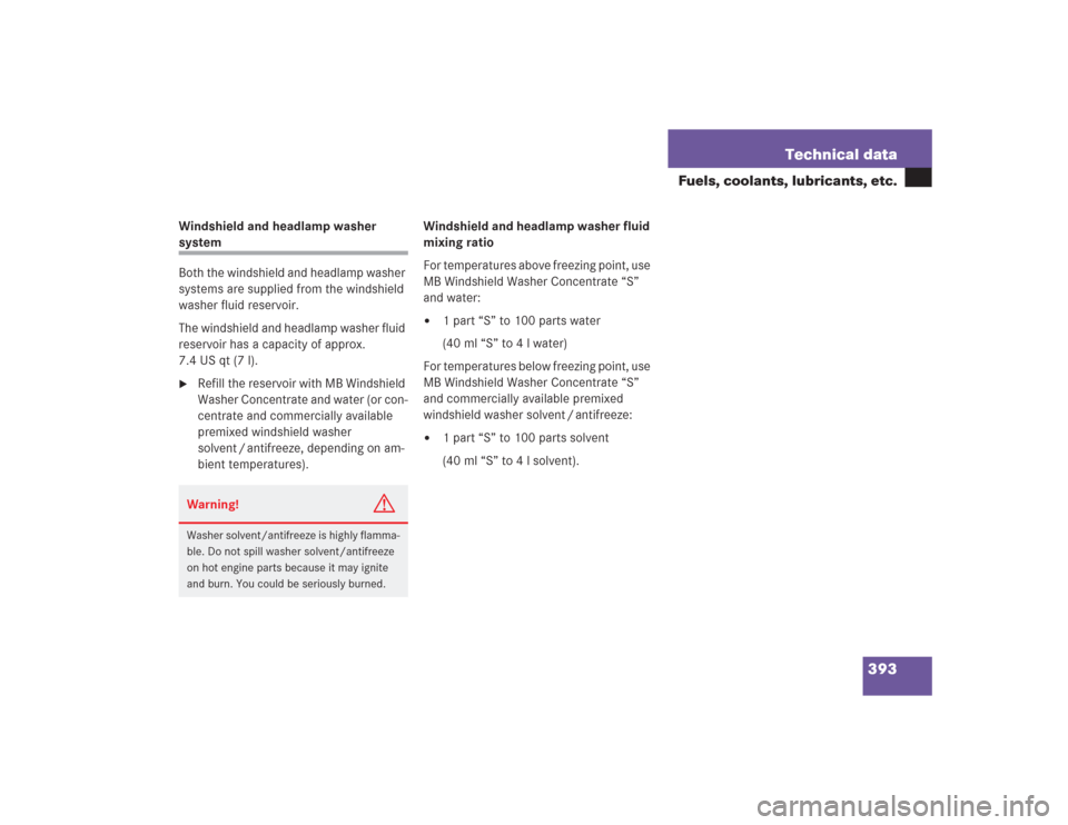 MERCEDES-BENZ SL500 2004 R230 User Guide 393 Technical data
Fuels, coolants, lubricants, etc.
Windshield and headlamp washer system
Both the windshield and headlamp washer 
systems are supplied from the windshield 
washer fluid reservoir.
Th