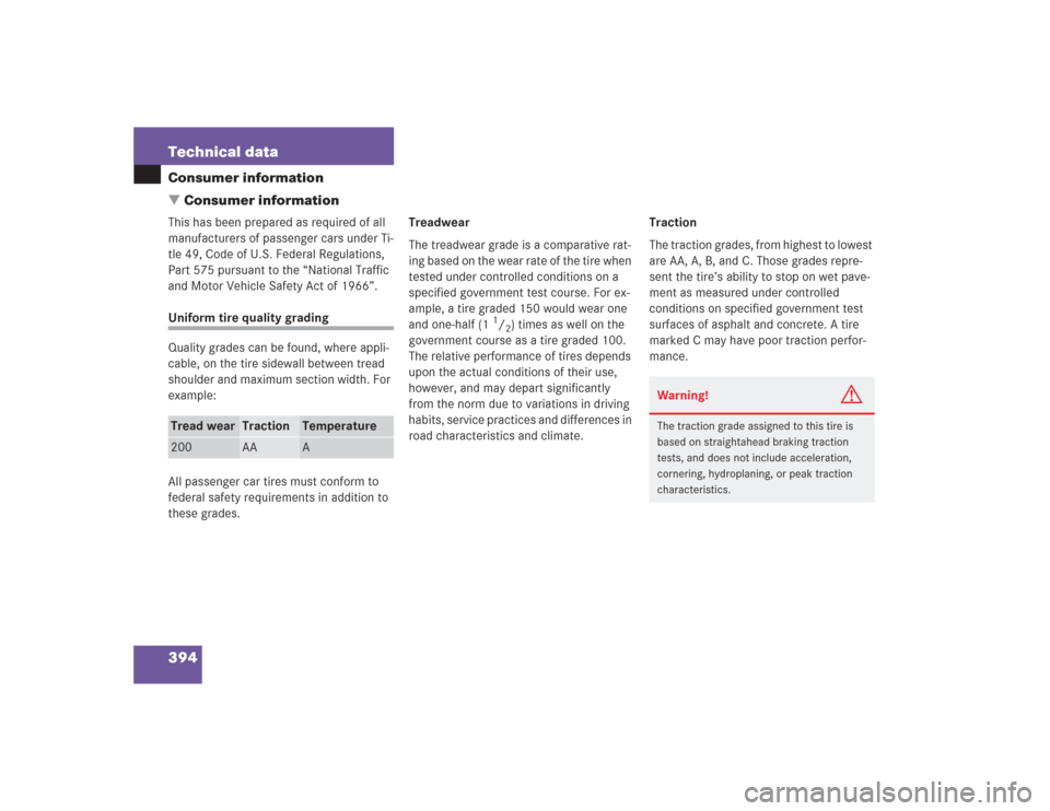 MERCEDES-BENZ SL500 2004 R230 Owners Manual 394 Technical dataConsumer information
Consumer informationThis has been prepared as required of all 
manufacturers of passenger cars under Ti-
tle 49, Code of U.S. Federal Regulations, 
Part 575 pur