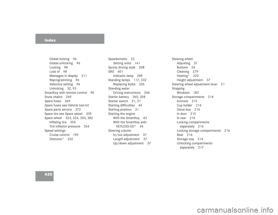 MERCEDES-BENZ SL500 2004 R230 Owners Manual 420 Index
Global locking 96
Global unlocking 96
Locking 98
Loss of 98
Messages in display 311
Reprogramming 96
Selective setting 96
Unlocking 32, 93
SmartKey with remote control 90
Snow chains 269
Spa