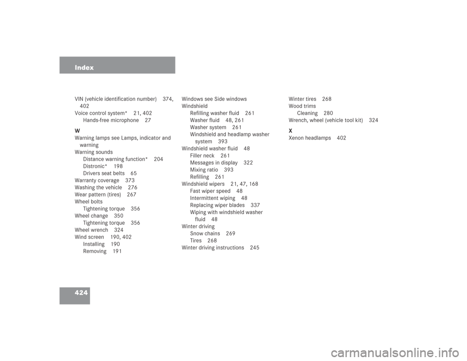 MERCEDES-BENZ SL55AMG 2004 R230 Owners Manual 424 IndexVIN (vehicle identification number) 374, 
402
Voice control system* 21, 402
Hands-free microphone 27
W
Warning lamps see Lamps, indicator and 
warning
Warning sounds
Distance warning function