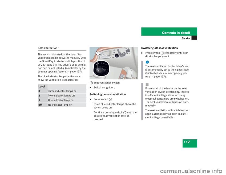 MERCEDES-BENZ S500 2004 W220 Owners Manual 117 Controls in detailSeats
Seat ventilation*
The switch is located on the door. Seat 
ventilation can be activated manually with 
the SmartKey in starter switch position1 
or2 (
page 31). The driver