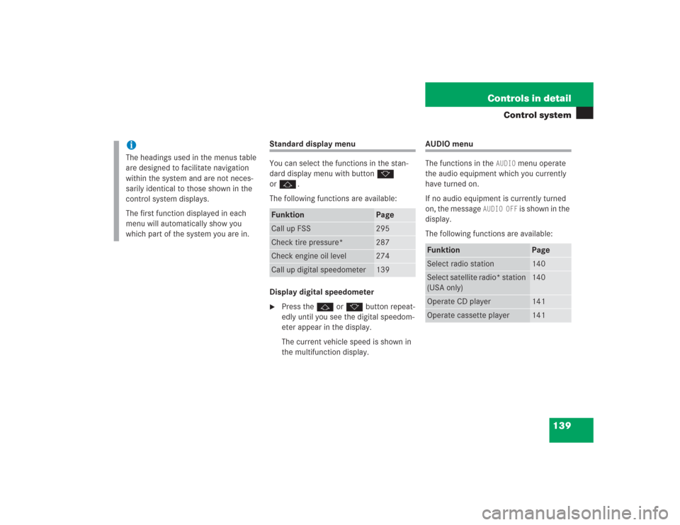 MERCEDES-BENZ S600 2004 W220 Owners Manual 139 Controls in detail
Control system
Standard display menu
You can select the functions in the stan-
dard display menu with buttonk 
orj.
The following functions are available:
Display digital speedo