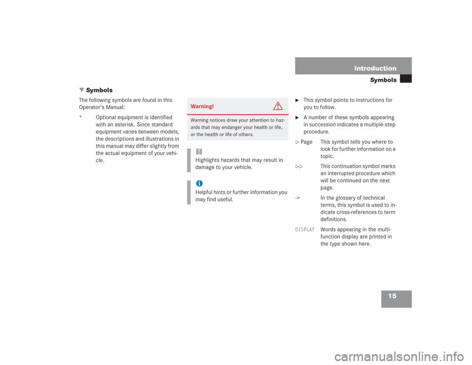 MERCEDES-BENZ S500 2004 W220 User Guide 15 Introduction
Symbols
Symbols
The following symbols are found in this 
Operator’s Manual:
* Optional equipment is identified 
with an asterisk. Since standard 
equipment varies between models, 
t