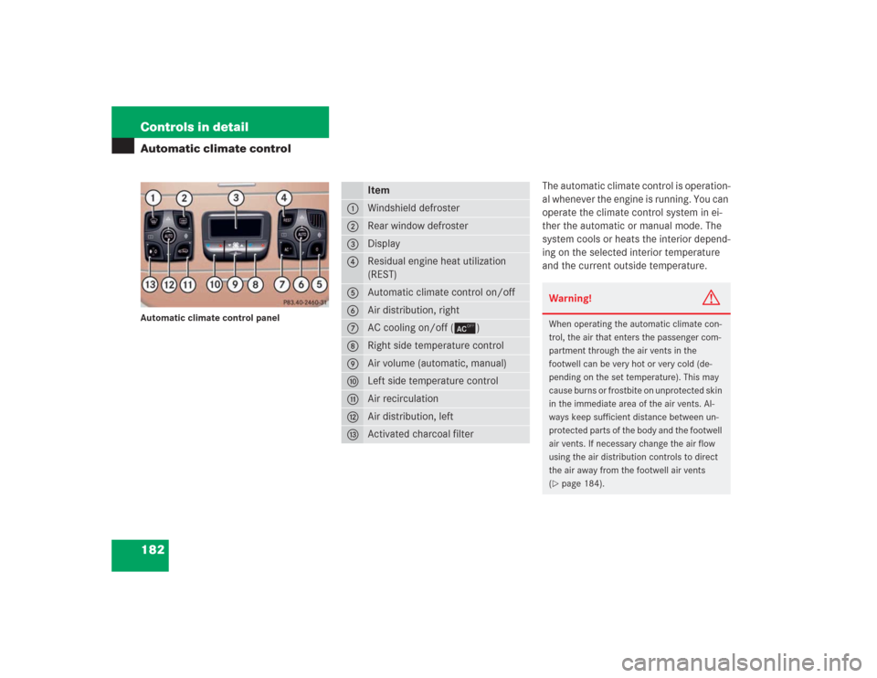 MERCEDES-BENZ S500 2004 W220 Owners Manual 182 Controls in detailAutomatic climate controlAutomatic climate control panel
The automatic climate control is operation-
al whenever the engine is running. You can 
operate the climate control syste