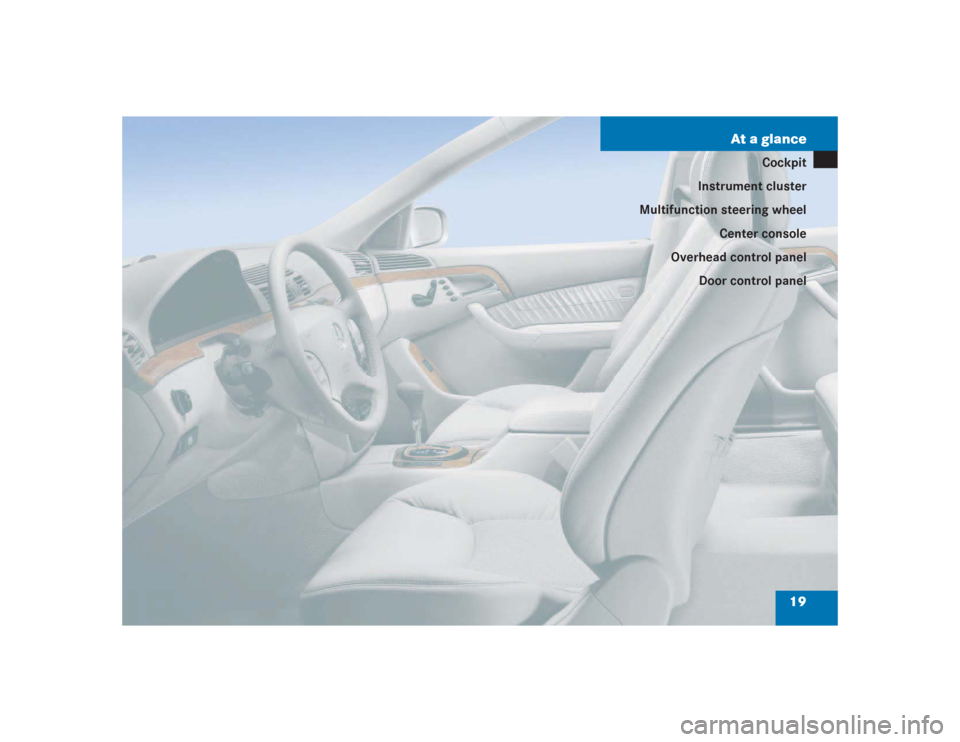 MERCEDES-BENZ S500 2004 W220 User Guide 19 At a glance
Cockpit
Instrument cluster
Multifunction steering wheel
Center console
Overhead control panel
Door control panel 