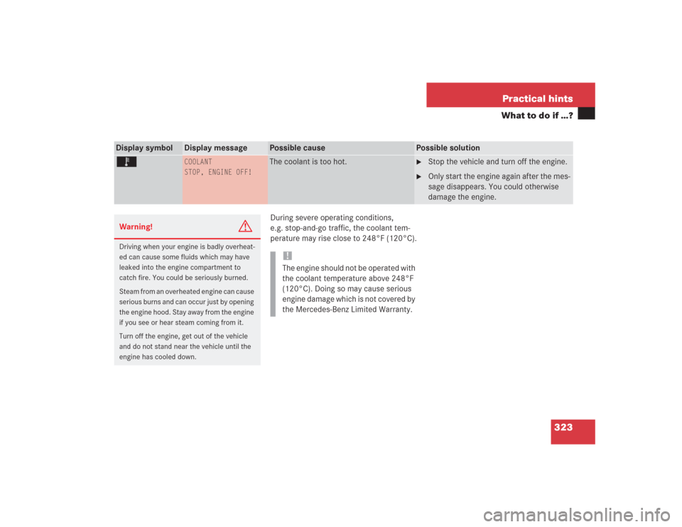 MERCEDES-BENZ S430 2004 W220 Owners Manual 323 Practical hints
What to do if …?
During severe operating conditions, 
e.g. stop-and-go traffic, the coolant tem-
perature may rise close to 248°F (120°C).
Display symbol
Display message
Possib