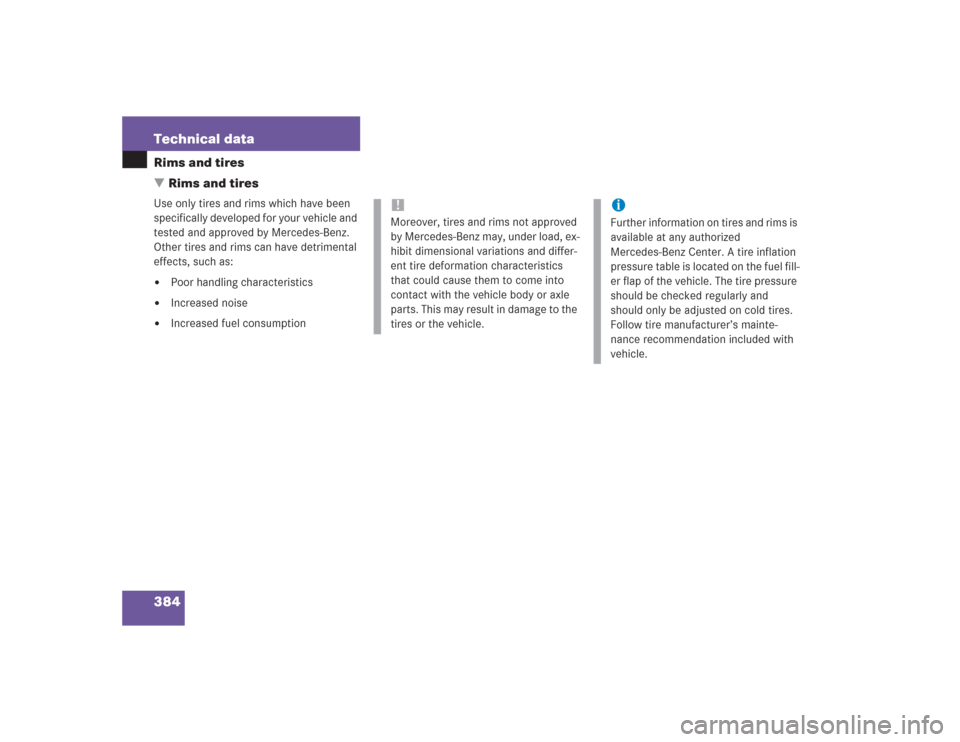 MERCEDES-BENZ S430 2004 W220 Owners Manual 384 Technical dataRims and tires
Rims and tiresUse only tires and rims which have been 
specifically developed for your vehicle and 
tested and approved by Mercedes-Benz. 
Other tires and rims can ha