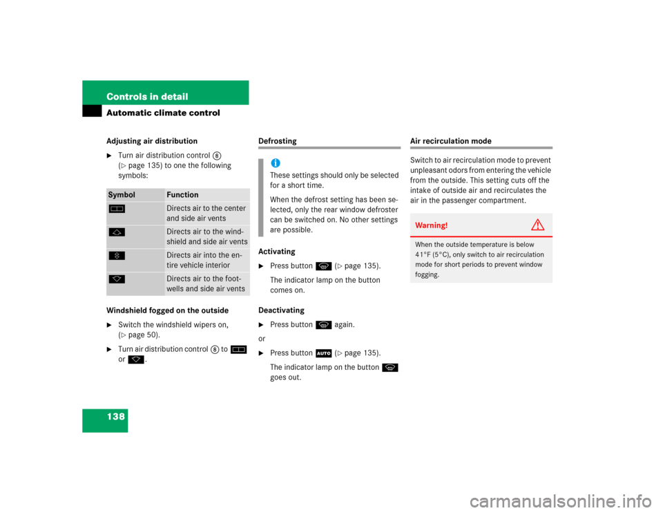 MERCEDES-BENZ ML350 2004 W163 Owners Manual 138 Controls in detailAutomatic climate controlAdjusting air distribution
Turn air distribution control8 
(page 135) to one the following 
symbols:
Windshield fogged on the outside

Switch the wind