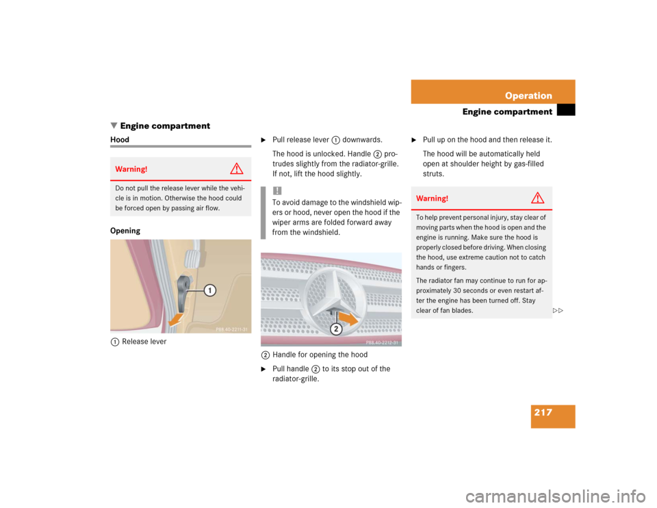 MERCEDES-BENZ ML350 2004 W163 Owners Manual 217 Operation
Engine compartment
Engine compartment
Hood
Opening
1Release lever

Pull release lever1 downwards.
The hood is unlocked. Handle2 pro-
trudes slightly from the radiator-grille. 
If not, 